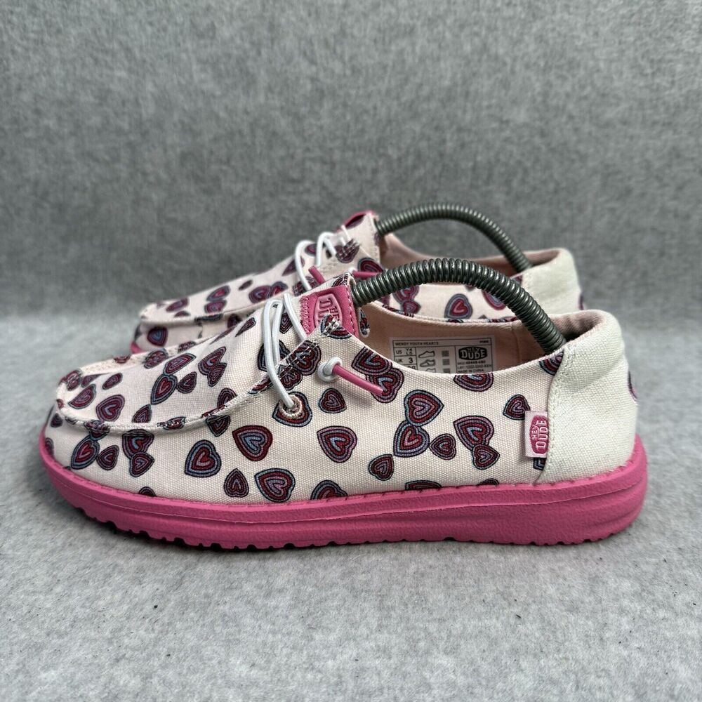Hey Dude Shoes Youth 4 Wendy White Pink Slip On Heart Print Comfort Shoes New